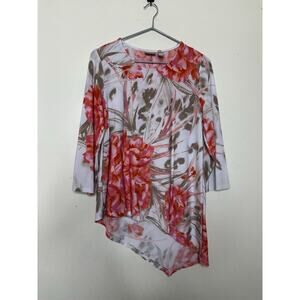 Chicos size 0 US Size 6 Floral Tunic Asymmetrical Hem Stretchy 3/4 Sleeve